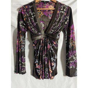 Sky Halo Brown Silk Long Bell Sleeve Vegan V Neck Studs Trim Top Sz XS    U14